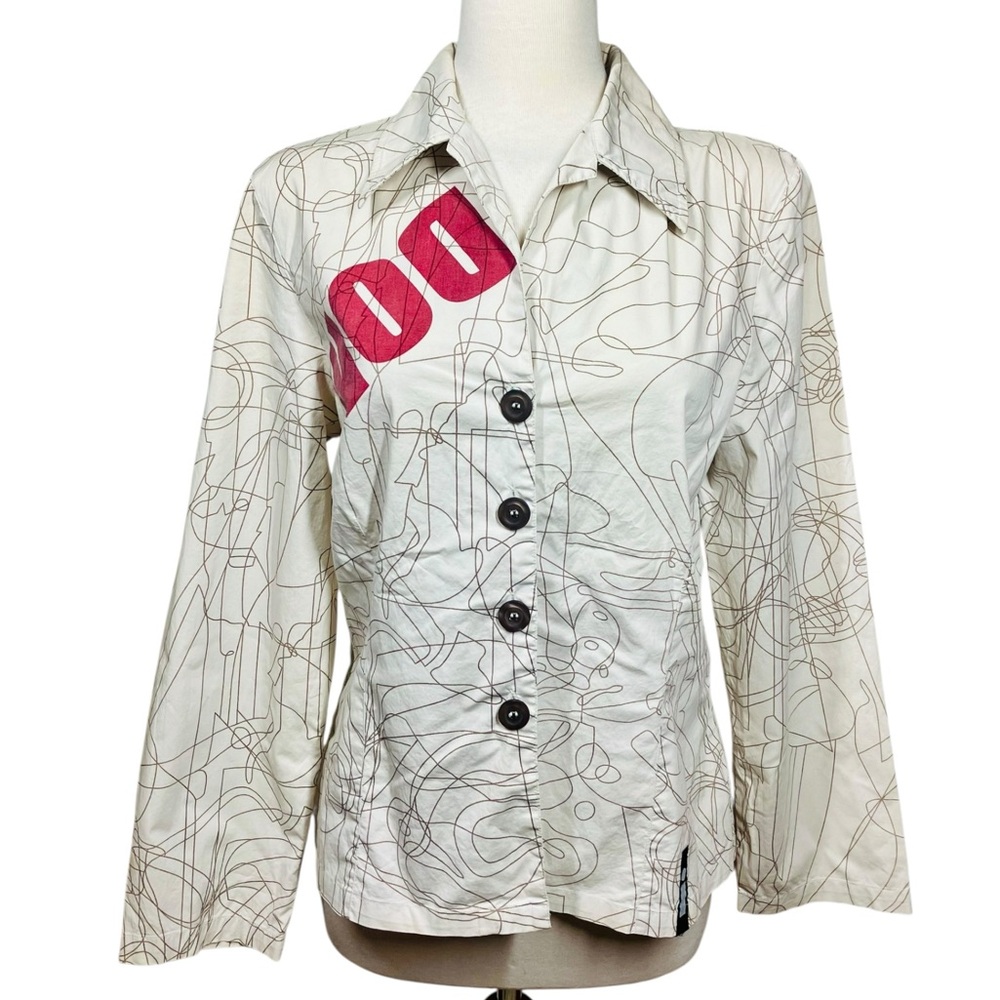 Honigman Free Dom Red Text Abstract Off White Collared Blouse EU Size 44